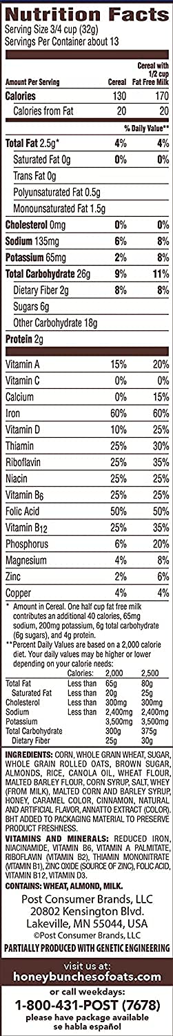Honey Bunches of Oats with Almonds, Heart Healthy, Low Fat, made with Whole Grain Cereal , 14.5 Ounce (Pack of 12)