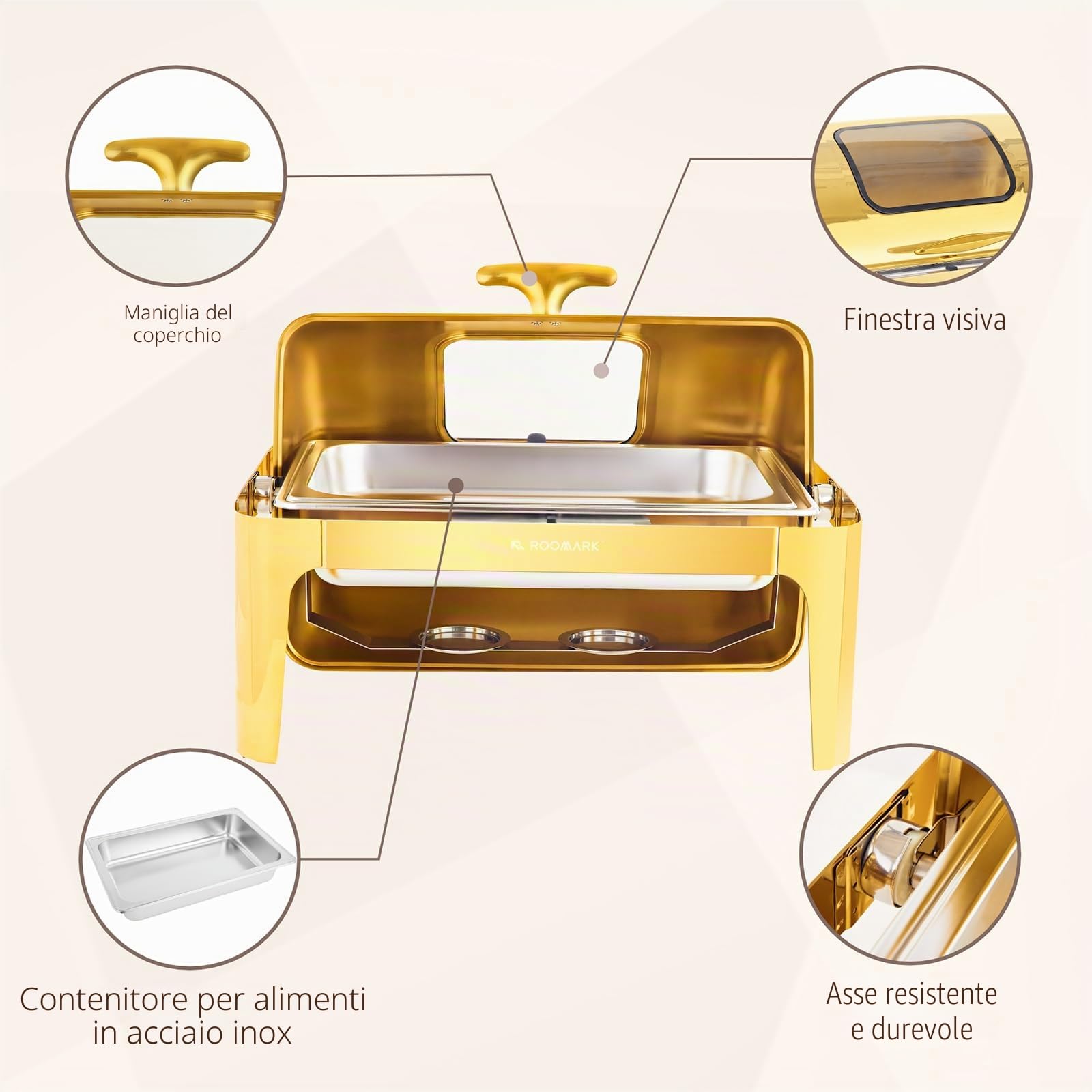 8,6L Roll Top Scaldavivande Catering Buffet Set,SS201 Rettangolo scalda vivande Elettrico Professionale, Armadio riscaldante per Alimenti per Catering, Buffet e Feste,Oro
