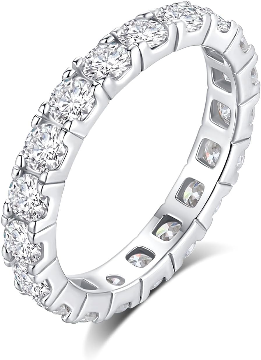 1.9-2.5 CTTW Moissanite Wedding Band Ring, 3mm Width Full Eternity Band Ring for Women, D Color VVS1 Round Moissanite Jewelry 925 Sterling Silver, Anniversary and Birthday Gift, All Size