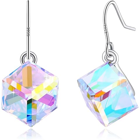 PLATO H S925 Sterling Silver Cube Earrings Crystals for Women with Exquisite Unique Gift Box Dainty Jewelry for Anniversary Valentine's Mother's Day