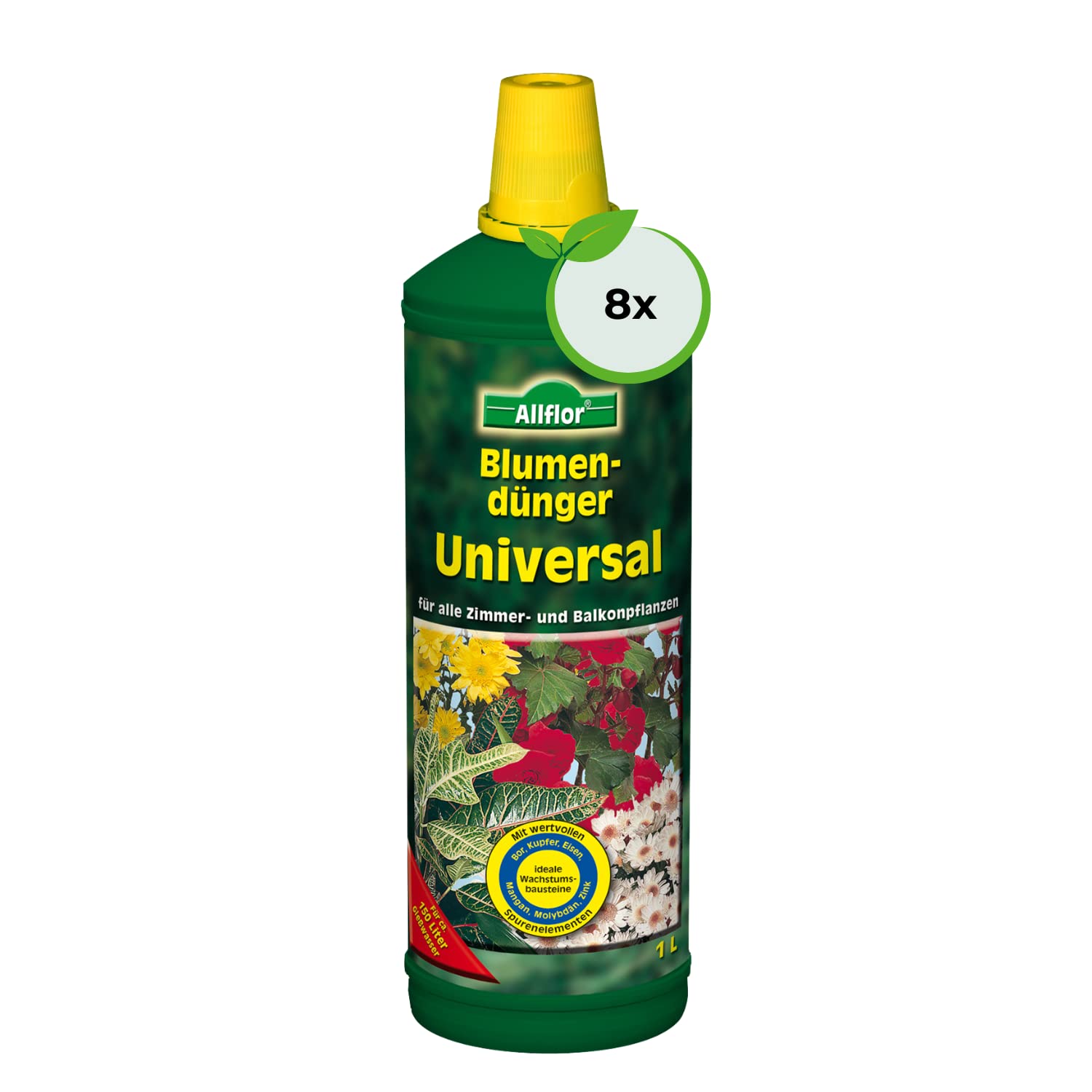 Allflor Blumendünger Universal Flüssigdünger I 8 x 1 L I Flüssiger Spezialdünger in der 1L Flasche I Flüssig-Dünger mit besonderer Nährstoff-Kombination für alle Zimmer- und Balkonpflanzen