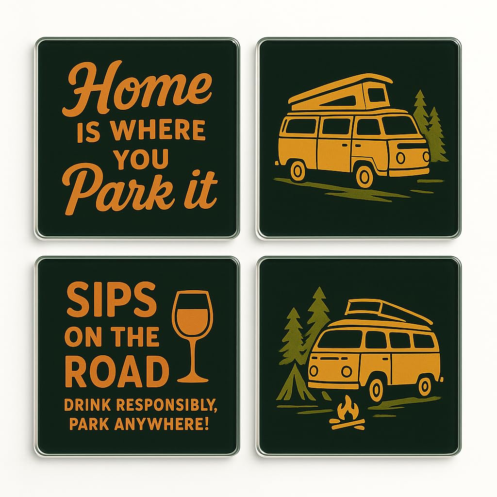 The Plum Penguin Nomads Charm Acrylic Coaster Gift Set Of 4 With Campervan Quotes - Drinkware For Camping Lovers