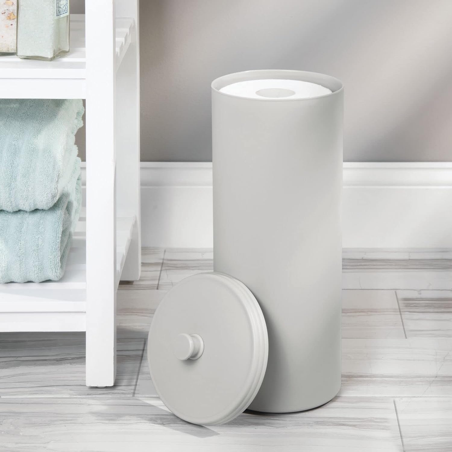 mDesign Plastic Modern Bathroom Storage and Cleaning Accessory Set - Includes Bowl Brush, 3-Roll Toilet Paper Canister, Wastebasket Trash/Garbage Bin - Hyde Collection - 3 Pieces - Stone/Light Gray
