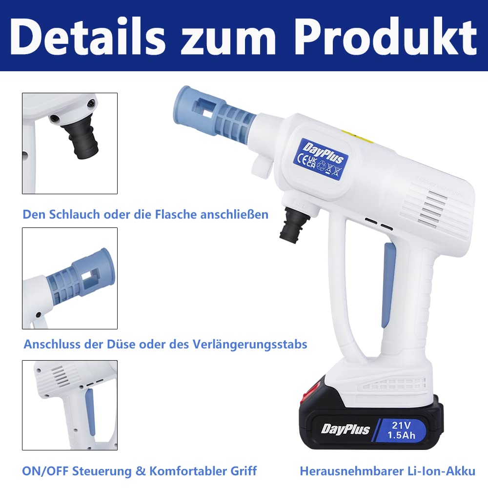 Limpiador de alta presión con batería, 21 V, portátil, con batería de 2 x 1,5 Ah, para lavar coches, pistola de agua para coche, generador de espuma de agua, boquilla de pulverización múltiple para
