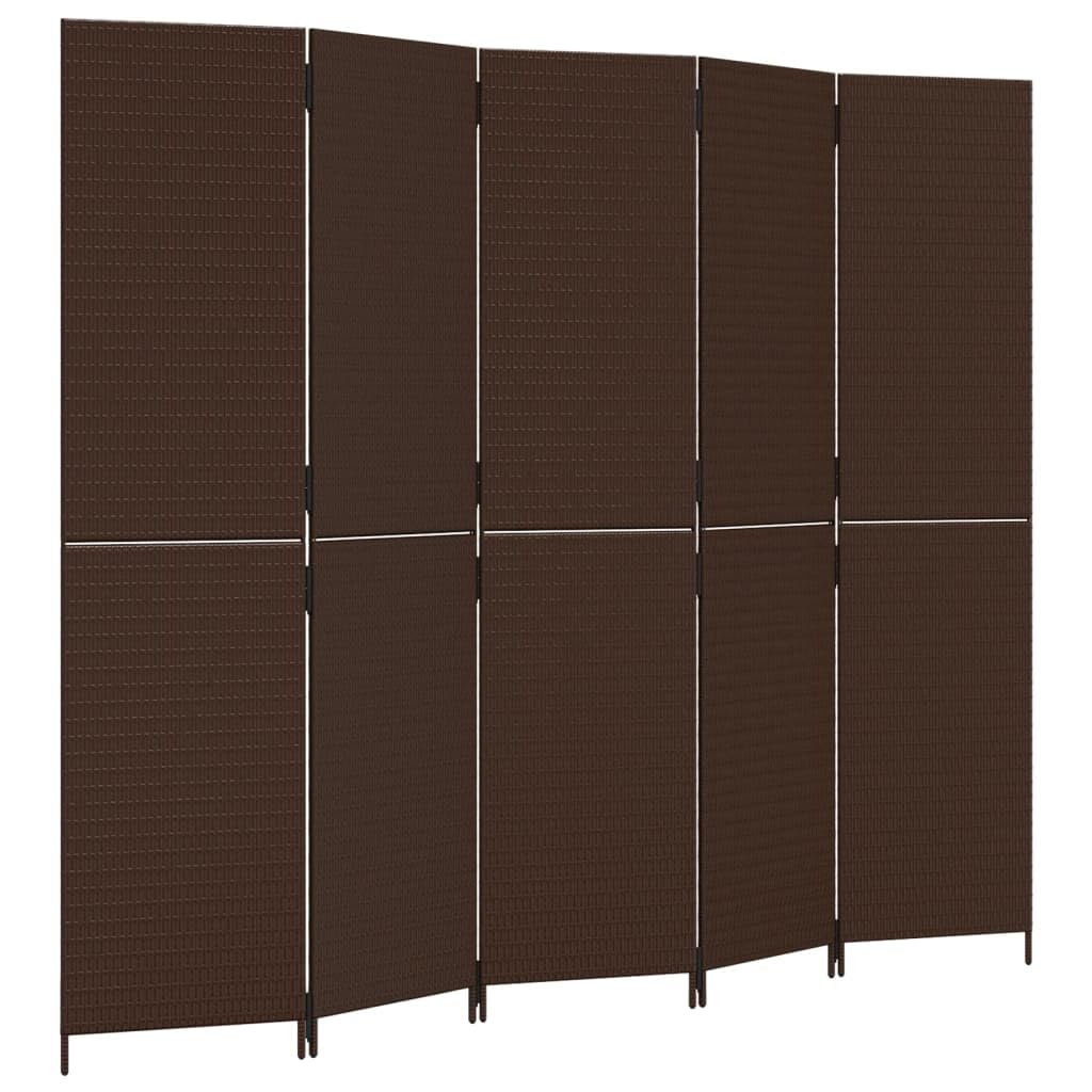 Muebles, separadores de habitaciones, separador de habitación, 5 paneles, ratán de poliéster marrón
