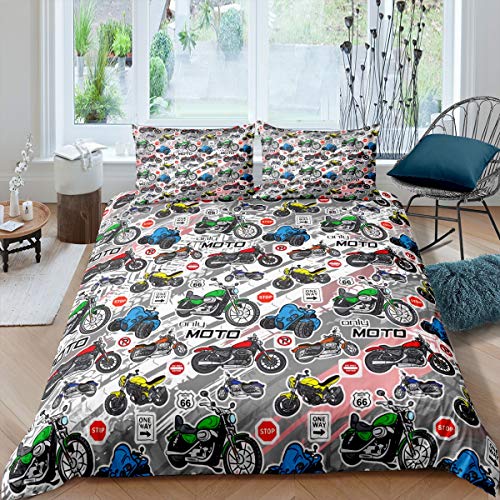 Loussiesd Boys Motocross Bedding Set Extreme Sports Theme Duvet Cover For Kids Children Teens Colorful Motorcycle Comforter Cover Dirt Bike Motorbike Bedroom Decor Quilt Cover 2Pcs Single Size