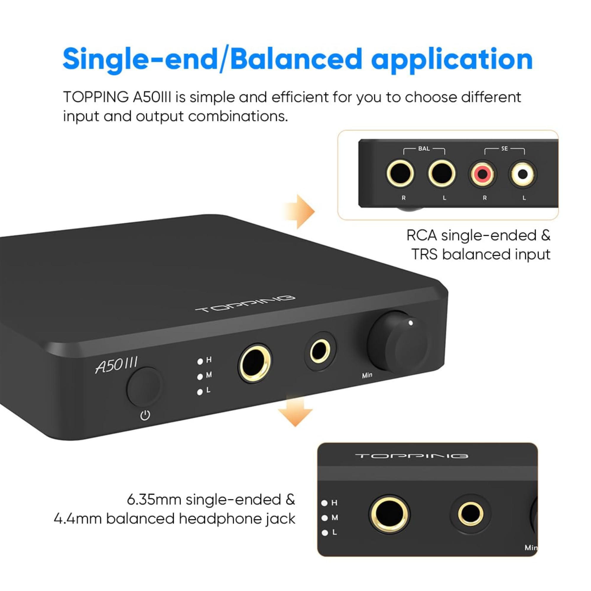 Topping A50 III NFCA Amplificateur de casque, 3500 mW x 3500 mW, RCA/TRS à 4,4 mm/6,35 mm, sortie écouteurs avec 3 réglages de gain, déclencheur 12 V pour IEM, noir