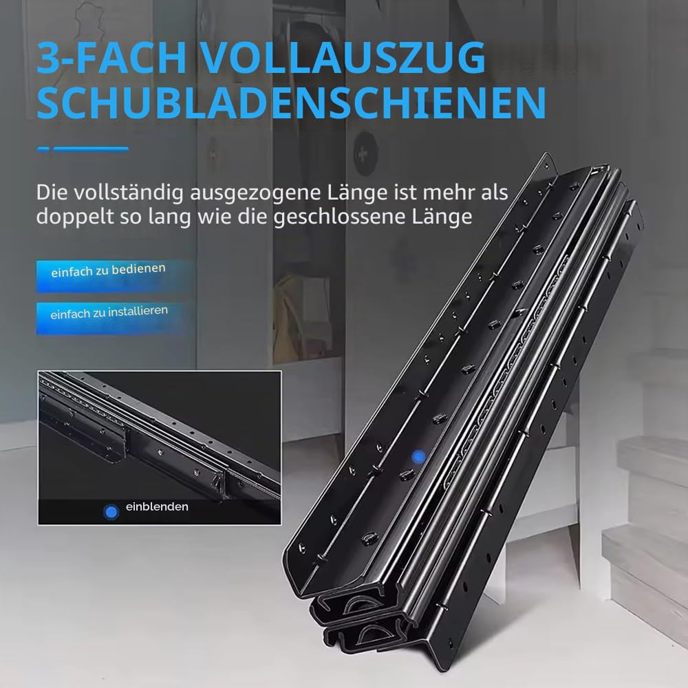 Schwerlastauszug,Schubladenschienen,Sschubladenauszug,2PCS Schubladenschienen 500-1200mm 3 Falten Doppelte Reihen von Stahlkugeln reibungsloses Schieben 120 KG Tragkraft für Schubladen