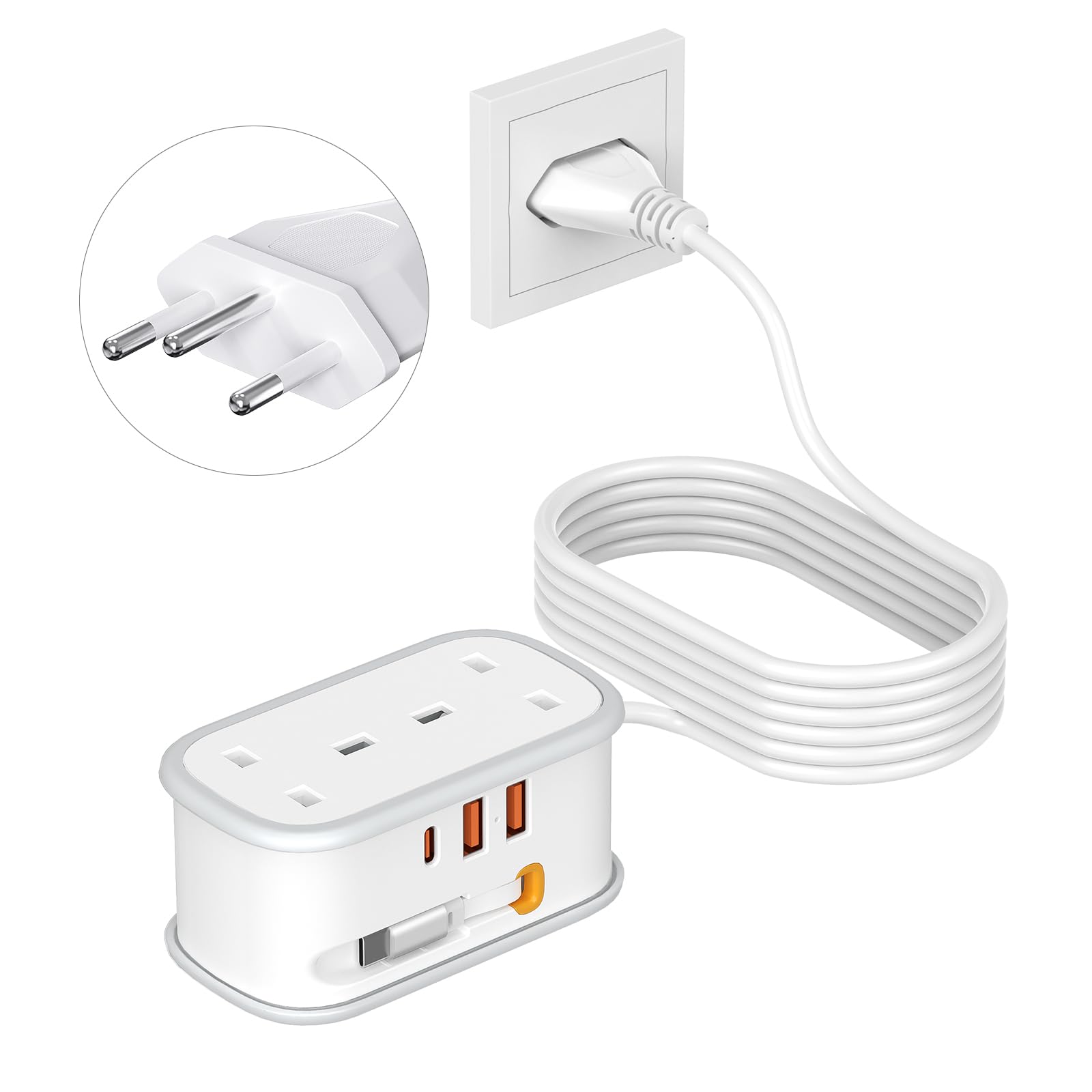 UK to European Plug Adapter with 1.5M Extension Cable, BEVA 2 Way 3 USB (2A+1C) Travel Adapter with Retractable USB C Cable for Germany France Spain Turkey Greece Iceland etc (Type E/F) — view 10