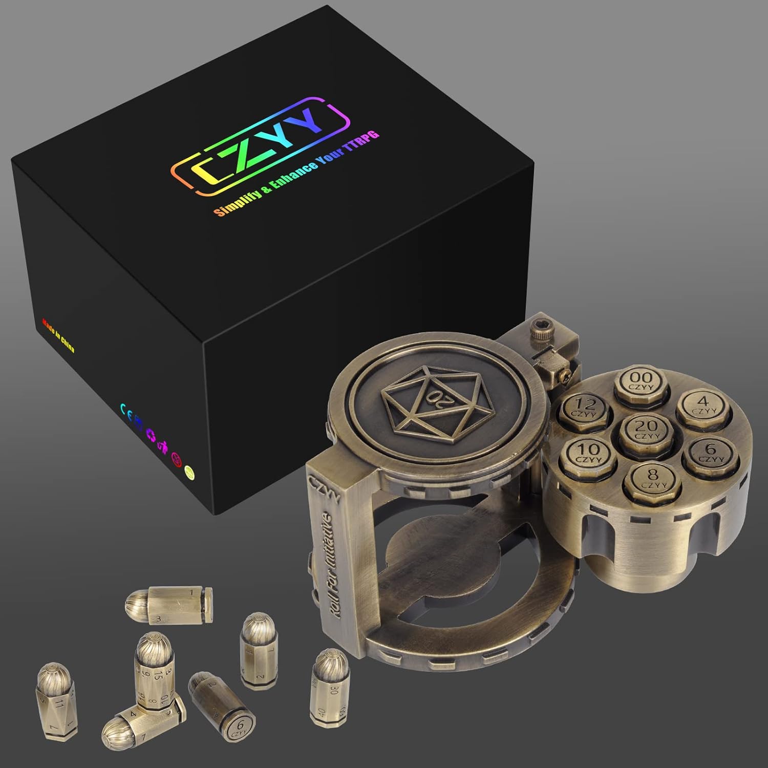 CZYY Metal Polyhedral Bullet Dice Set of 7 with Spinning Revolver Cylinder Container Cyberpunk
