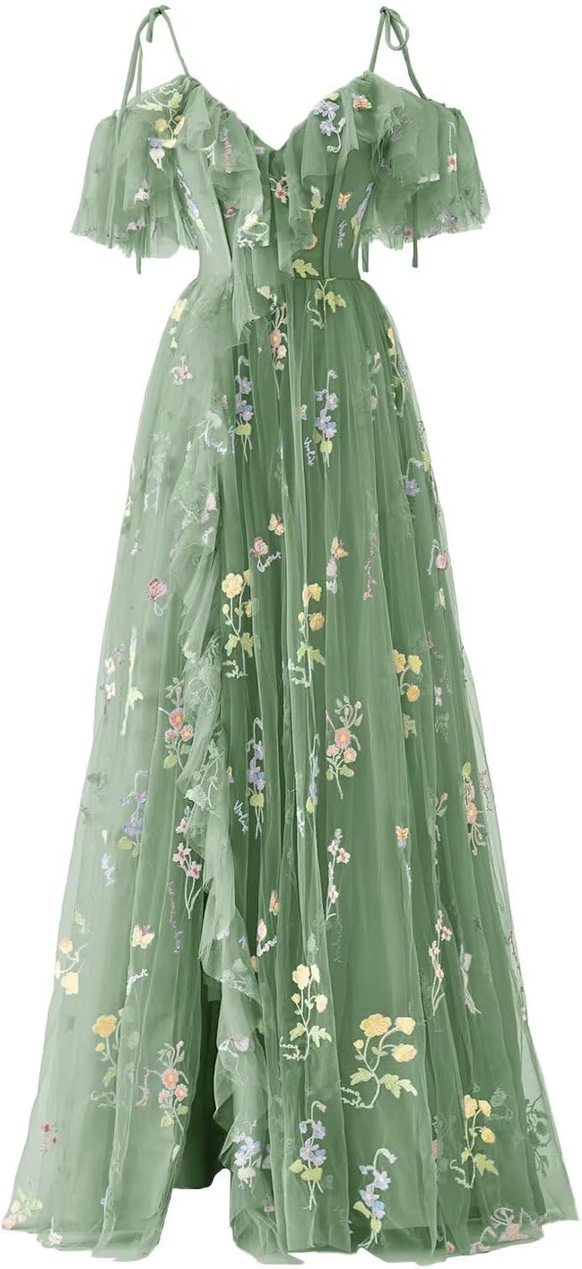 SoDigne Puffy Sleeve Long Prom Dresses Flower Embroidery Tulle V Neck Backless A-line Formal Evening Party Gown for Women