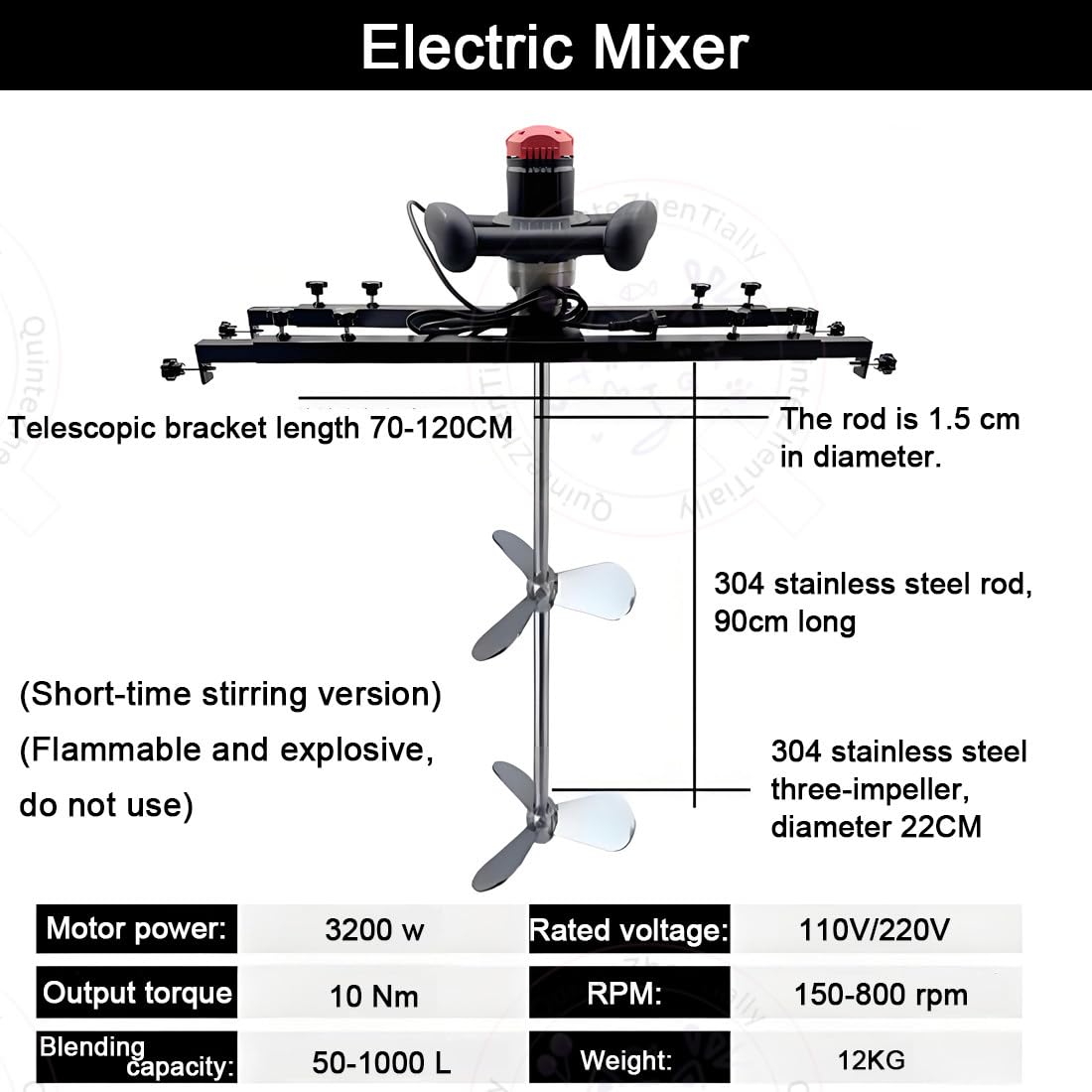 Agitatrice elettrica per vernice 3200W, miscelatore 0-800 giri/min per serbatoi da 1000 litri, attrezzatura di miscelazione industriale con gancio di supporto