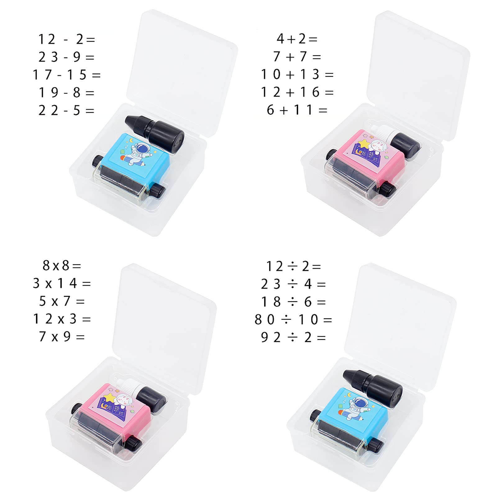 4 PCS Roller Digital Teaching Stamp, Reusable Math Educational Toy Stamp, Within 100 Teaching Math Practice Questions, Additions Subtraction Division Multiplication (with Ink)