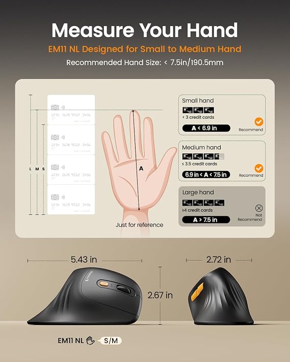 ProtoArc EM11 NL Wireless Ergonomic Vertical Mouse, Rechargeable, Black