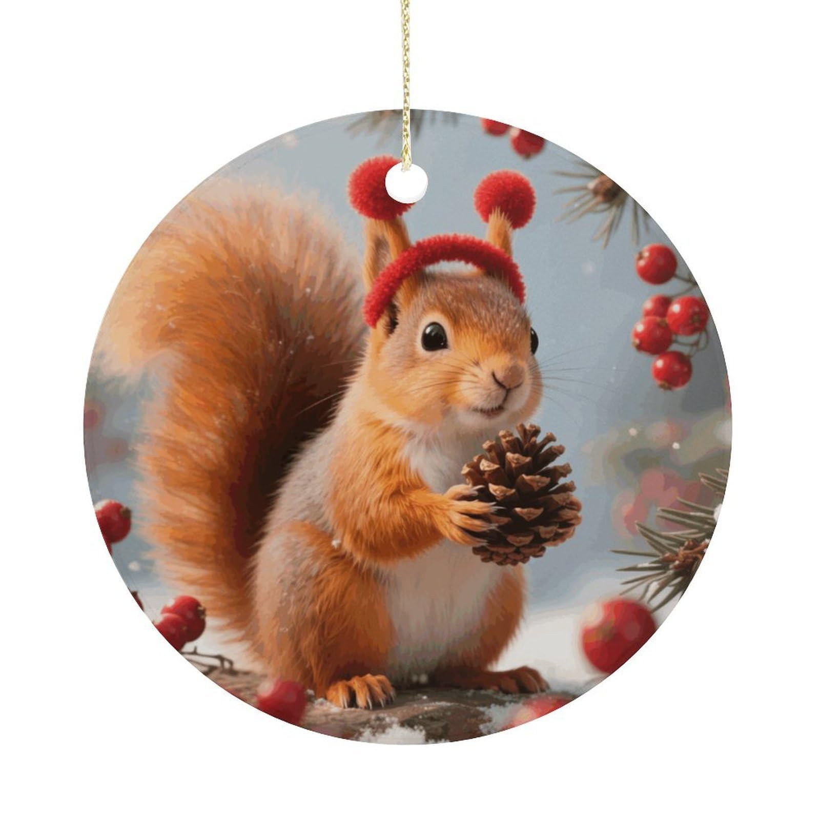 Personalized Christmas Ornaments 2025 Ceramic Hanging Squirrel Ornaments with Gold String Double-Sided Vintage Holiday Decorations for Tree Mantel Tabletop Xmas Party Favors
