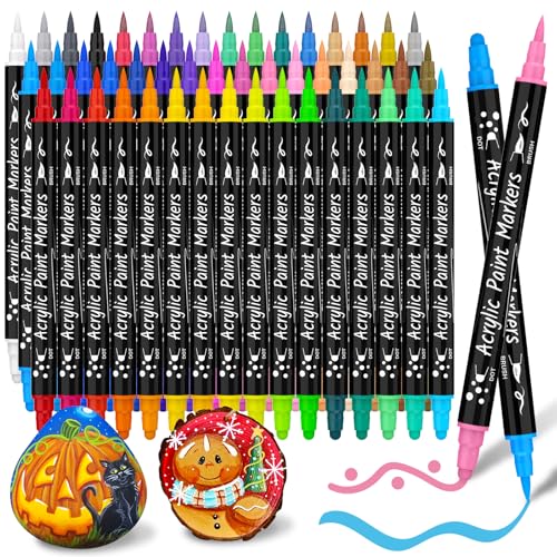 AOSUCO Acrylic Paint Pens 48 Colours Dual Tip Acrylic Pens for Rock Painting, Wood, Pebbles, Glass, Ceramic, Stones, Fabric, Canvas, Craft, Waterproof Brush Pens, Acrylic Marker Pens Set