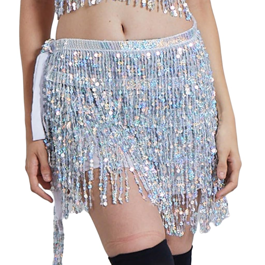 Qg Ltd Silver Dance Belly Dance Dancer Costume Sequin Tassel Fringe Hip Scarf Belt Waist Wrap Skirt (Silver)