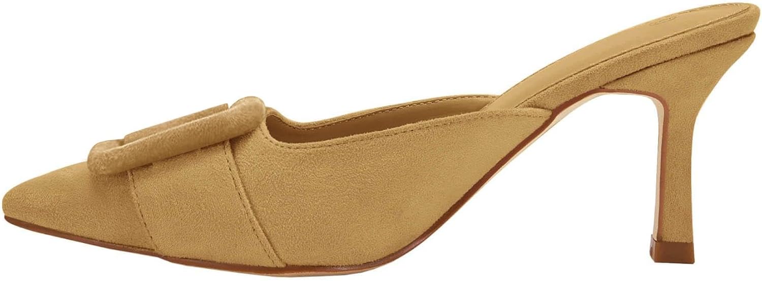 VETASTE Women's Heeled Mules Pointed Toe Suede Buckle Slip On Sandals Kitten Heels Party Wedding Shoes