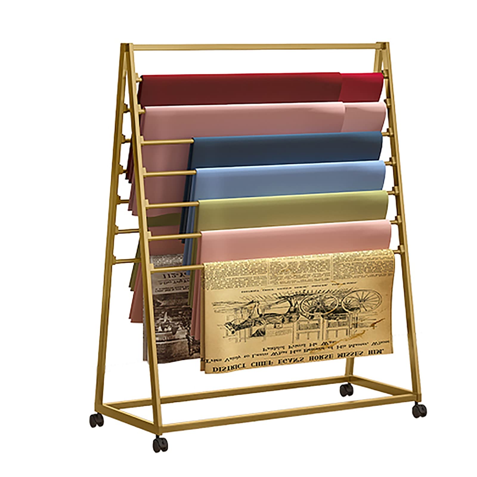 Grandi organizzatori commerciali per carta da imballaggio/carta da parati/fogli/display in tessuto, autoportante scaffale per sciarpe con supporto su ruota, oro-70 x 40 x 120 cm
