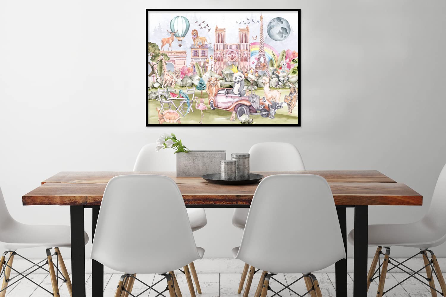 Poster Bilder Wanddeko Deko Wohnzimmer 80x60 cm Paris - Regenbogen - Kinder - Rosa - Mädchen - Tiere