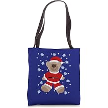Brown Teddy bear in Santa Clause suit, Snow star, Red Tote Bag