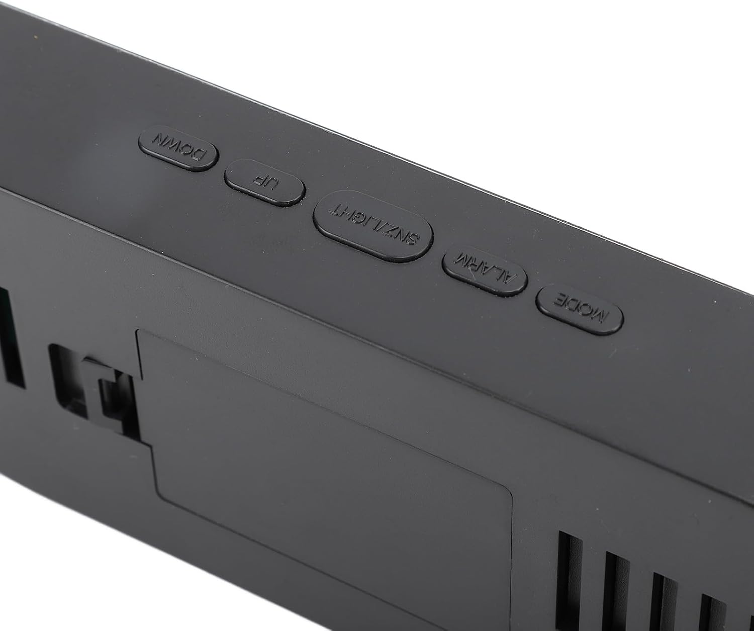 Rear view of the Digital Mirror Alarm Clock showing control buttons and power port