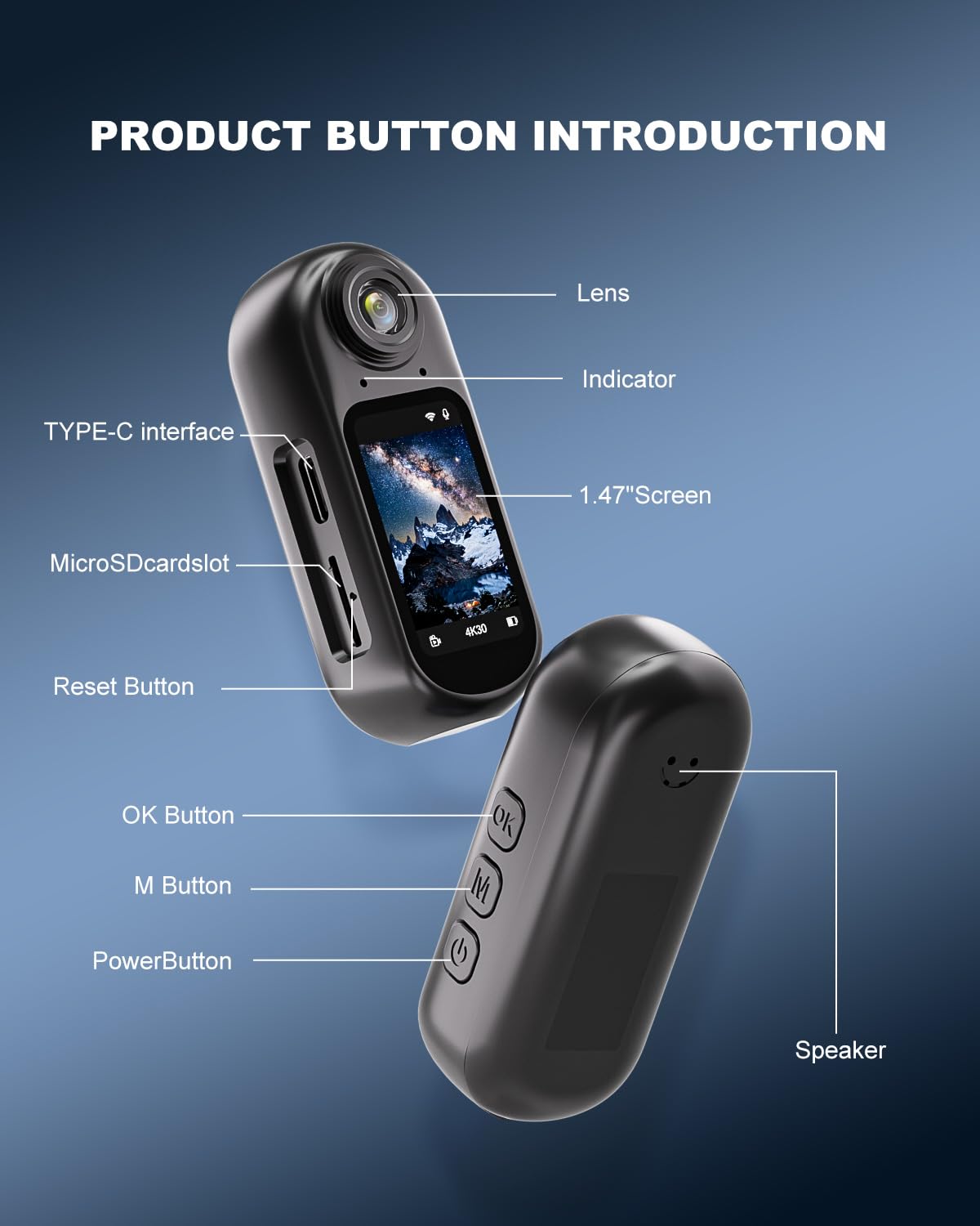 Mini Action Cam 4K WiFi, body camera portatile 128 GB, dimensione pollice | cordino magnetico, registrazione vivavoce, fotocamera per animali domestici, viaggi, lavoro, sport acquatici