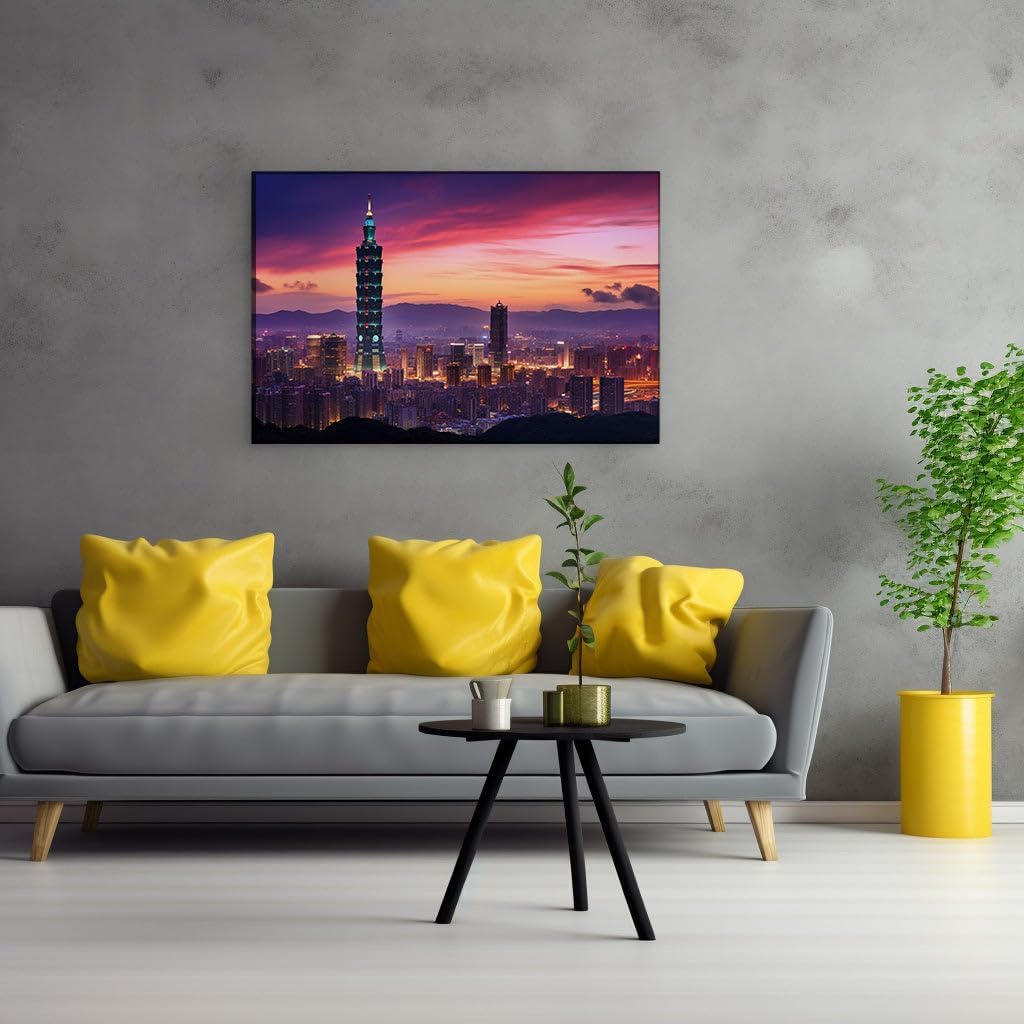 Canvas for Living room. Dusk Over Taipei: A Tranquil Panorama with the Majestic Taipei 101, 27 x 18 inch Canvas Wall Art - Ready to Hang