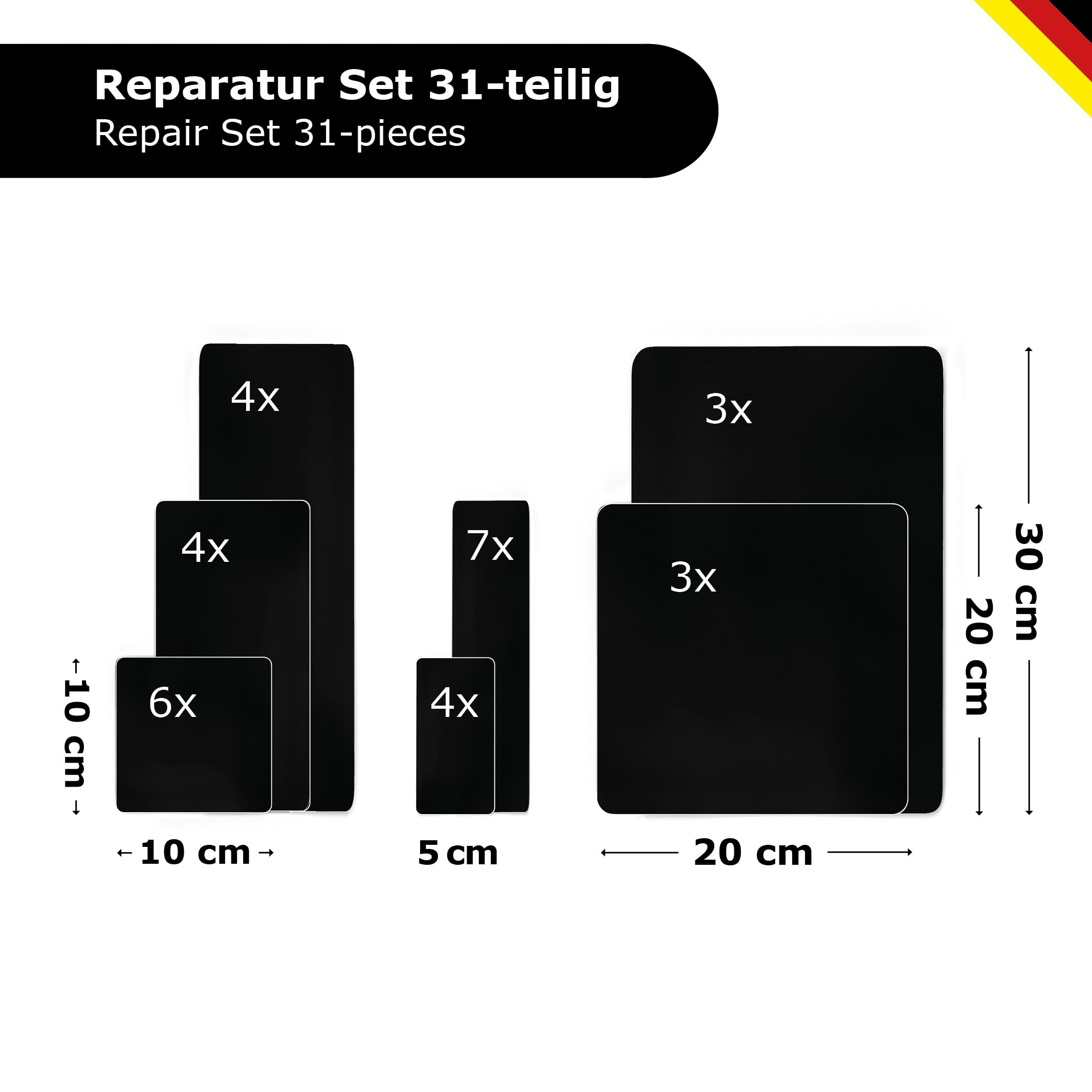 Generisch Planen-Reparatur-Set 31-teilig – Wasserdichte Reparatur-Pflaster in verschiedenen Größen selbstklebend für LKW-Plane, PVC-Plane, Markise, Zelt (RAL 9005 schwarz)