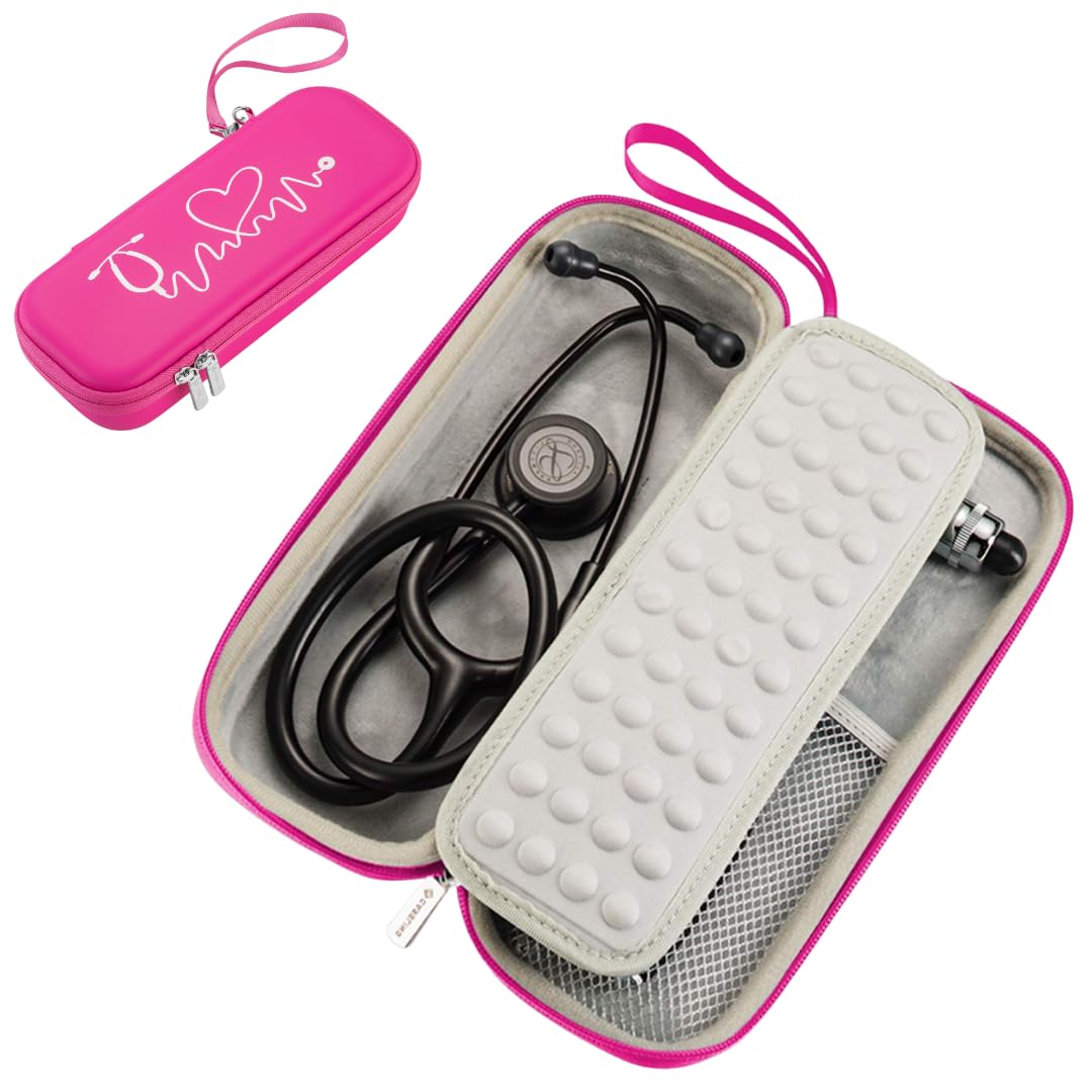 Stethoscope Case for 3M Littmann Classic III, Lightweight II S.E, MDF Acoustica - ID Slot and Pockets for Nursing Accessories - Hard Case Holder for Nurse - (Pink - Pu Leather)