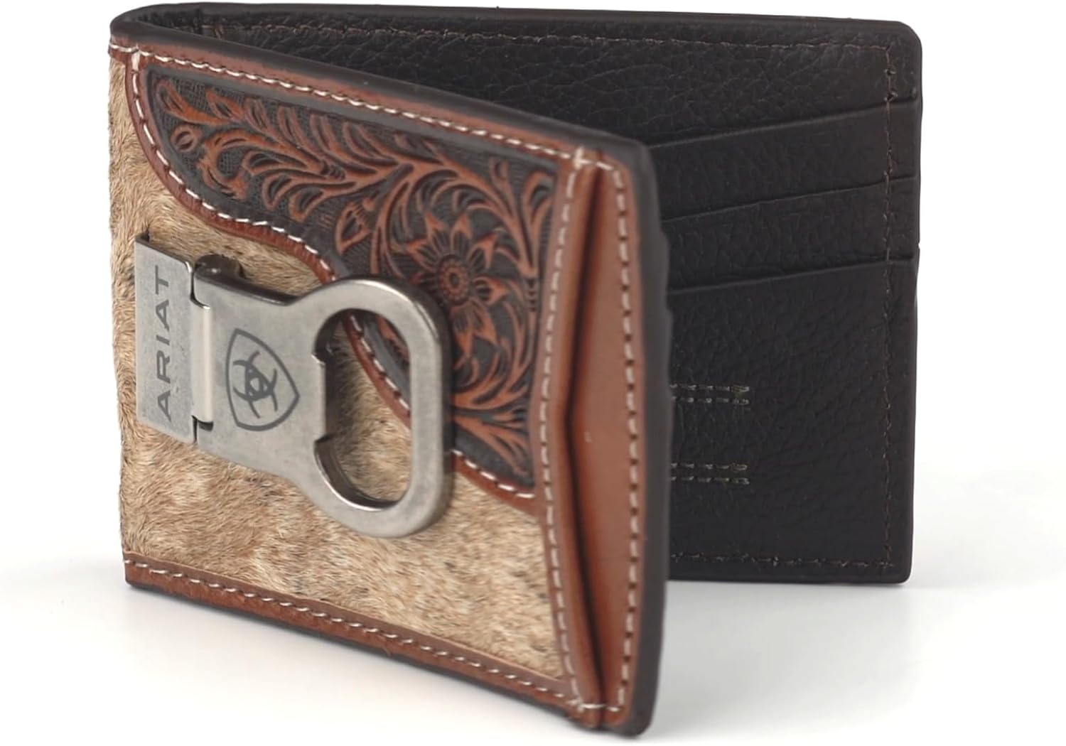 ARIAT Men's Calf Hair Floral Embossed Bottle Opener Leather Money Clip - Image 6