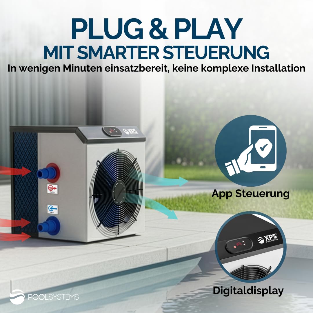 Pool-Wärmepumpe XPS-35 3,5kW bis zu 12m³, COP 5,5 mit App-Control inkl. Zeitsteuerung Alexa & Google Home - Energieeffiziente Poolheizung für Aufstellbecken - Ultrakompakte Poolheizung