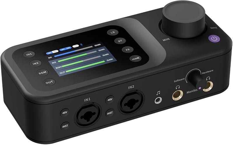 AMIX40U 10-Channel USB Audio Interface and Audio Mixer for PC | Dual XLR/6.35mm Inputs with 48V Phantom Power, Bluetooth 5.3, a 2-inch LCD for Podcast Recording and Live Streaming