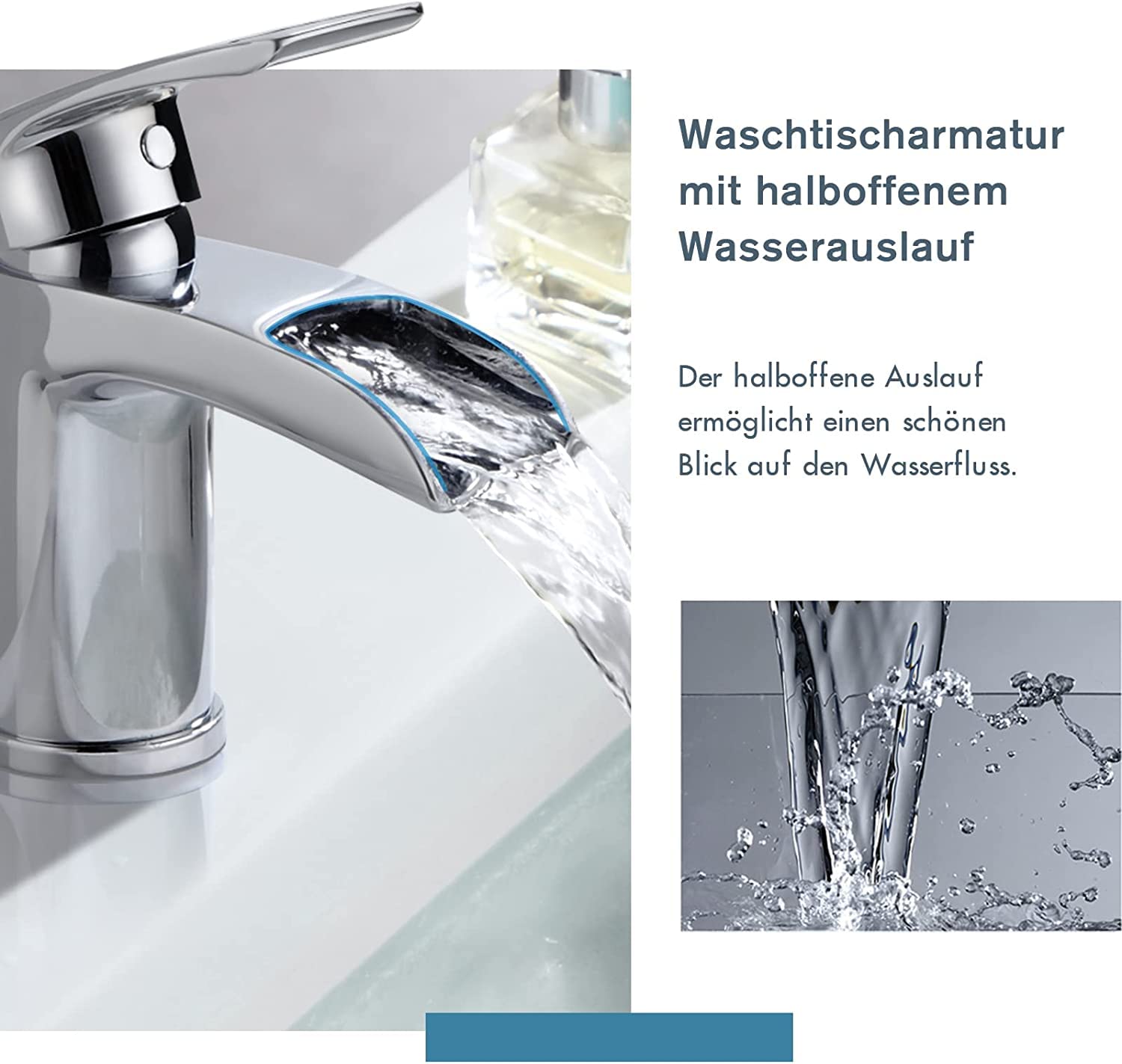 Robinet de salle de bain mitigeur monocommande pour lavabo de lavabo de salle de bain, bec cascade semi-ouvert, chromé
