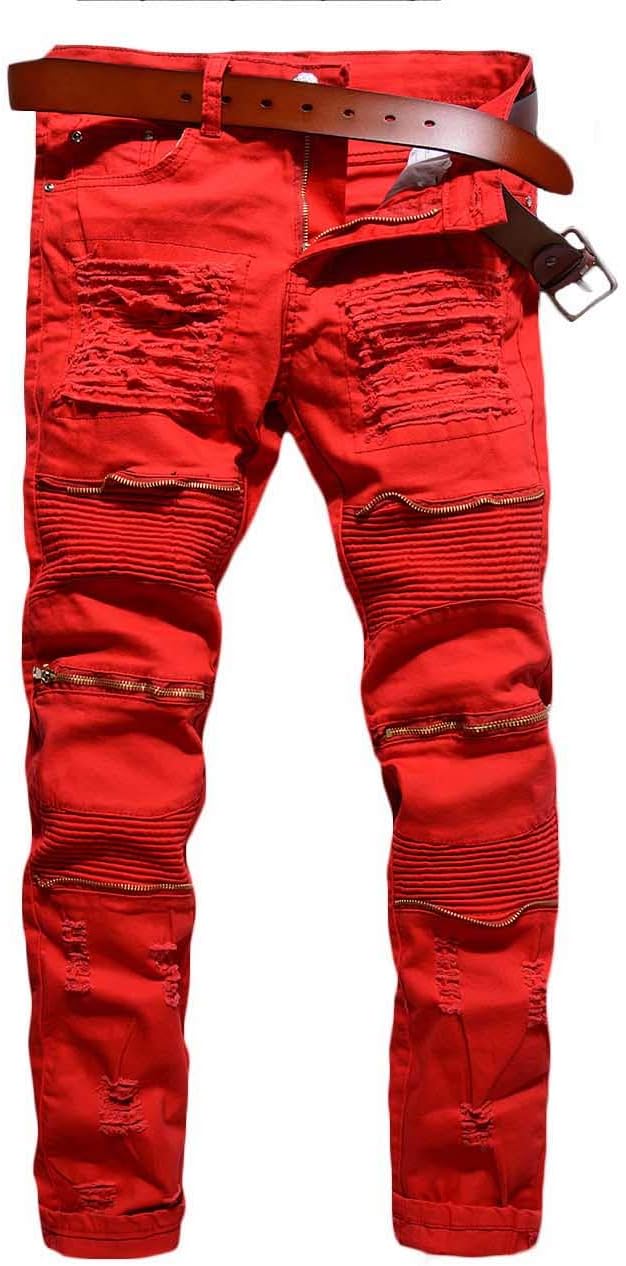 Rexcyril Men's Moto Biker Jeans Distressed Ripped Skinny Slim Fit Denim Pants with Zippers - Image 2