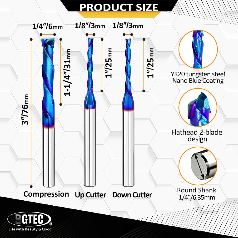 BGTEC Spirale Fresa Fresa CNC，2-flute End Mill bit Gambo 6.35 mm con Rivestimento Nano Per Rifilare e Intagliare il Legno per fresa CNC Up&Down&Compression Cut 3 pezzi
