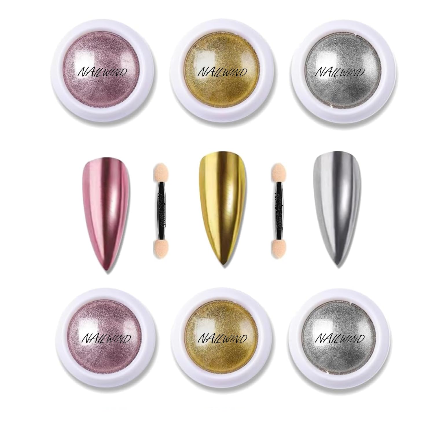 NAILWIND 3 Colors Chrome Nail Powder 6 Pcs, Mermaid Powder - Silver Rose Gold nail Chrome powders Mirror Effect - Iridescent Nail Pigment powder - Nail Art for Gel Nails