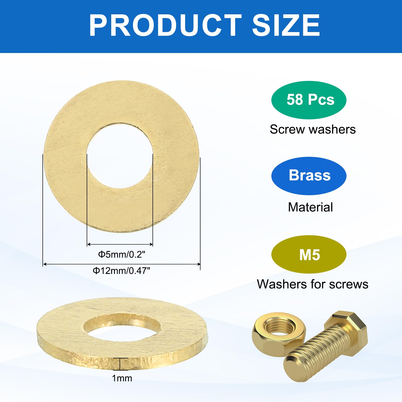 QUARKZMAN 58 Pz Rondelle Piatte Ottone M5, Kit Di Rondelle Schiacciate In Rame Per Bulloni Viti Riparazioni Meccaniche e Outdoor, 5mm×12mm×1mm(ID×OD×Spessore)