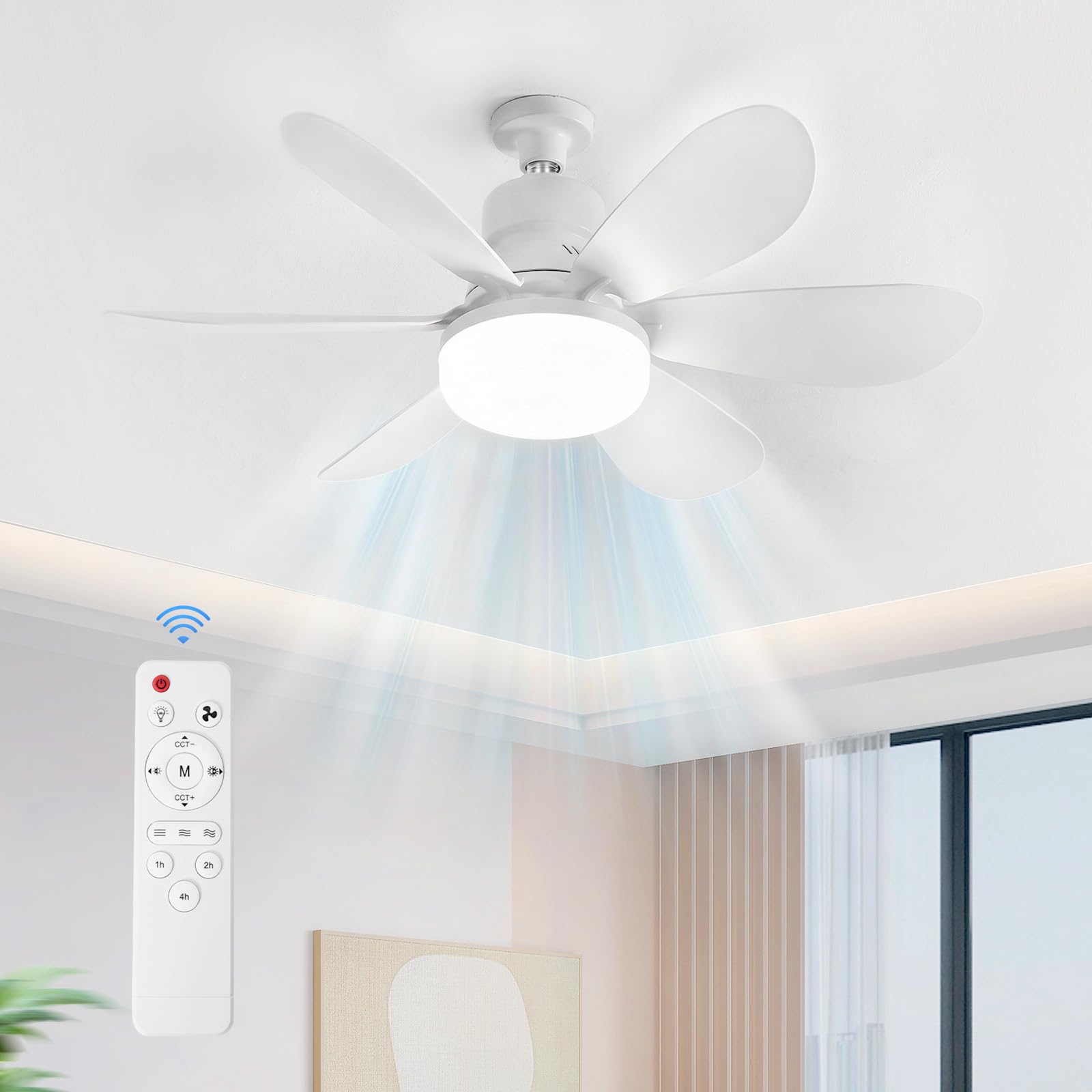 Ventilateur de Plafond avec Lumière et Télécommande – Lampe Ventilateur Plafond E27 avec 3 Niveaux de Vent, Petit Ventilateur Lampe LED Dimmable 3000-6500K, Minuterie 1/2/4h, Fonction Mémoire