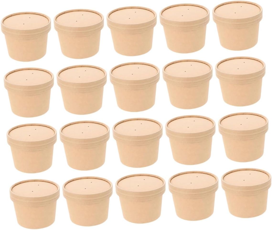 Thickened Kraft Paper Soup Bowls with Lids 50pcs 8oz Disposable Ice Cream and Yogurt Storage Cups for Takeout and Cold Soup Serving