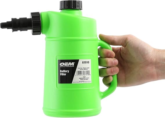 OEMTOOLS 87010 Battery Filler, 2 Liter Battery Water Filler, Distilled Water Jug with Auto Shutoff Nozzle, Spill Prevention, Heavy Duty Polyethylene Container