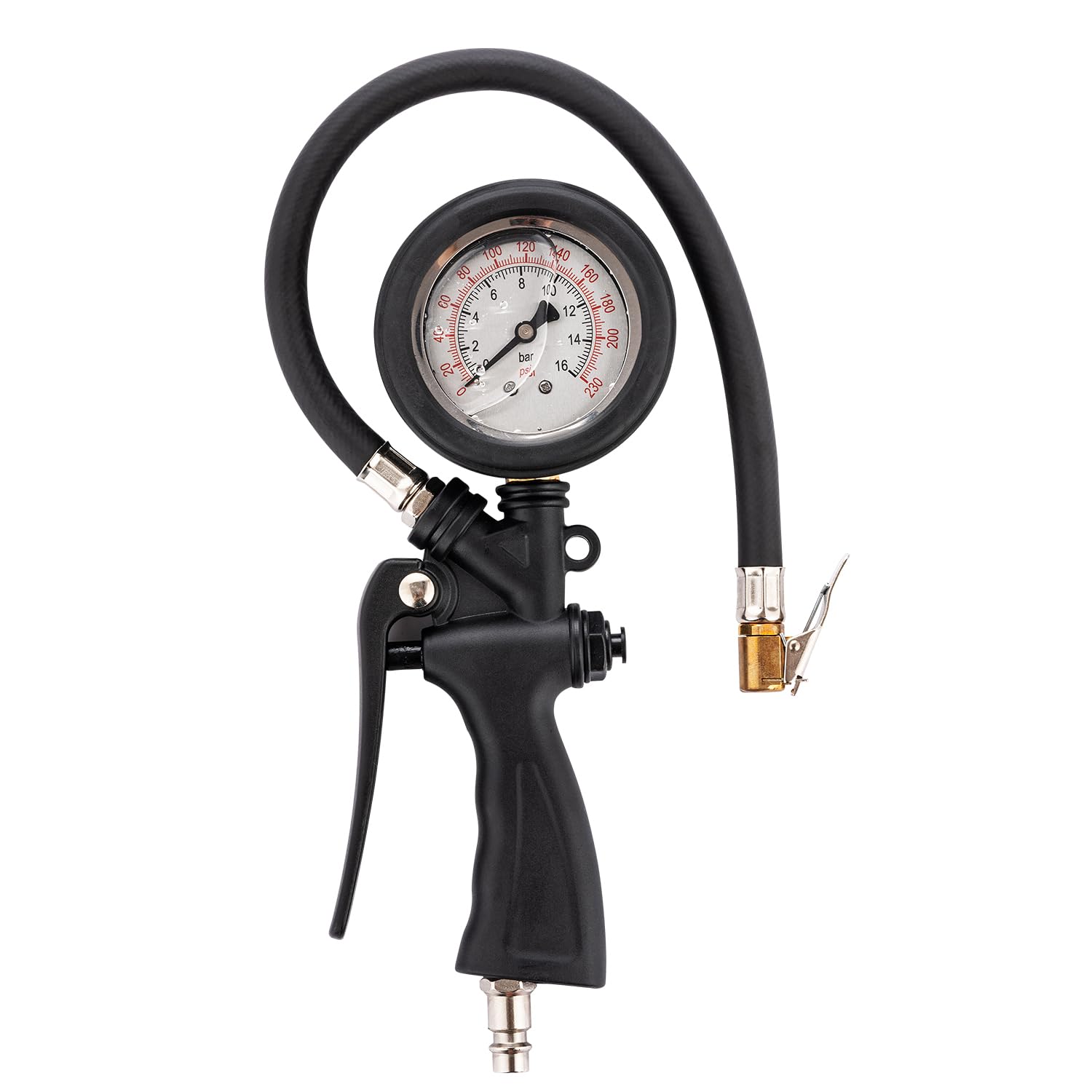 Gonfleur De Pneu Avec Manomètre Intégré 220 PSI / 15 Bar - Embout En Laiton, Flexible, Universel Pour Voiture, Moto, Vélo, Camion - 2