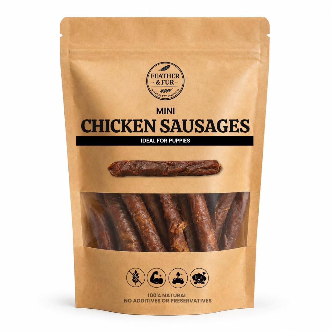 Feather & Fur Mini Chicken Sausages for Dogs – Soft Training Treats – 95% Chicken, High Meat Content – Puppy & Adult Dog Snacks – 250g Bag