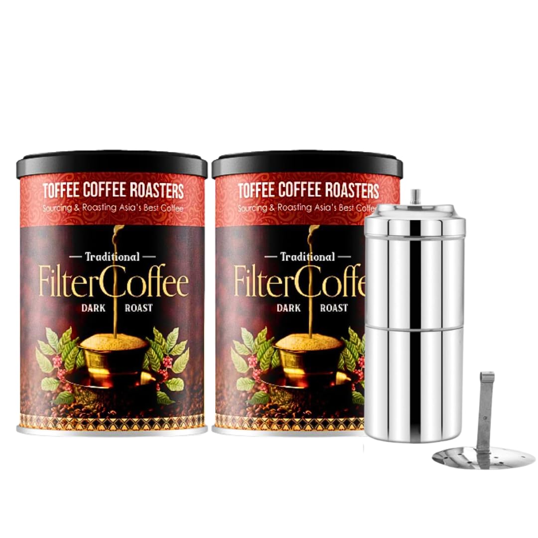 Toffee Coffee Roasters | South Indian Filter Coffee, Pack of 2 (200 gms) + Free Filter Coffee Maker (220ml, 3-4Cups) | As Seen On Shark Tank | Speciality Traditional Dark Roast Signature Filter Coffee