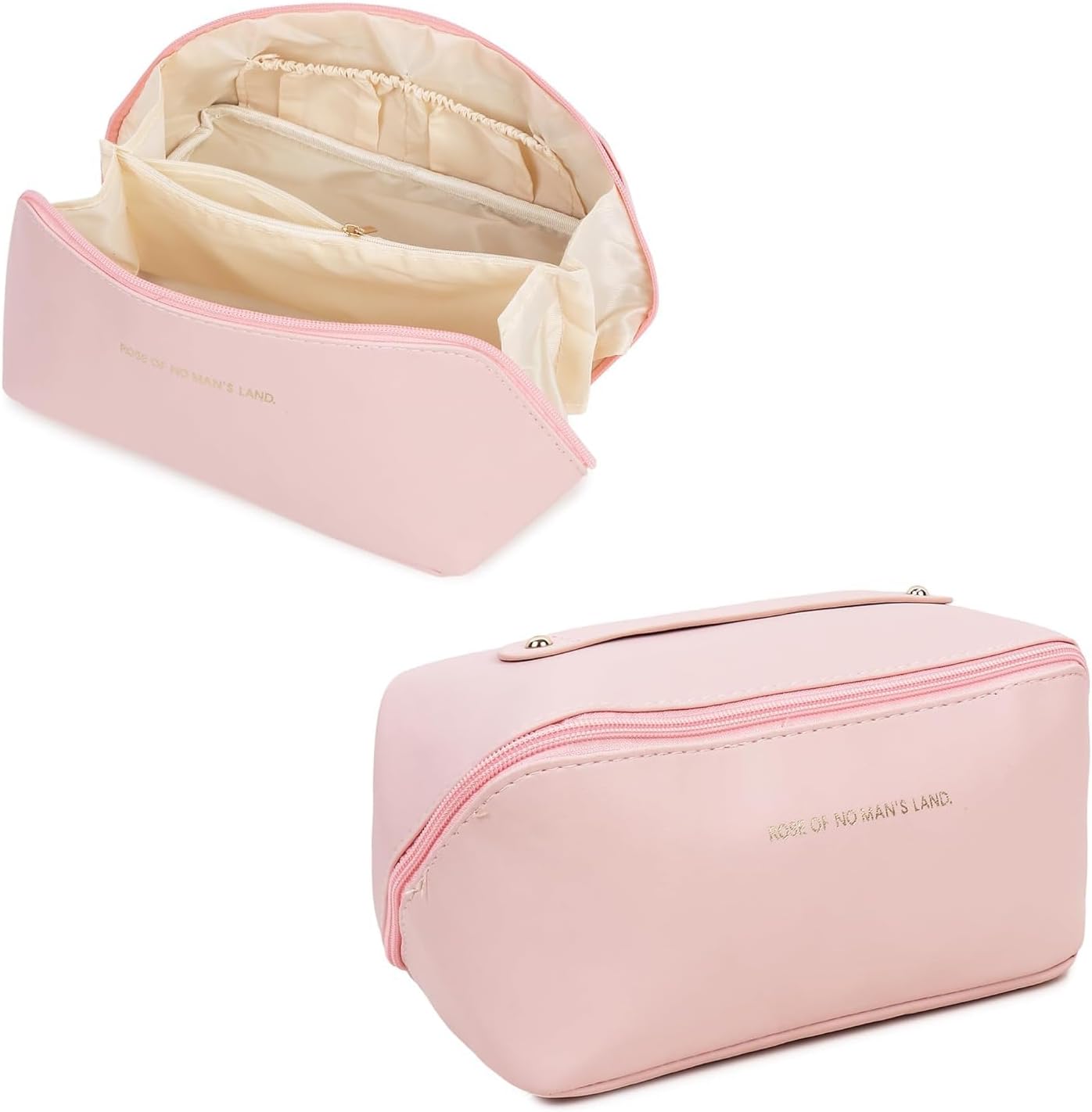 TEKCOOLLeather Travel Cosmetic Makeup Pouches for Women Travel Organizer Bag Portable Pouch Open Flat Toiletry Bag Make Up Organizer with Divider and Handle (Pink)