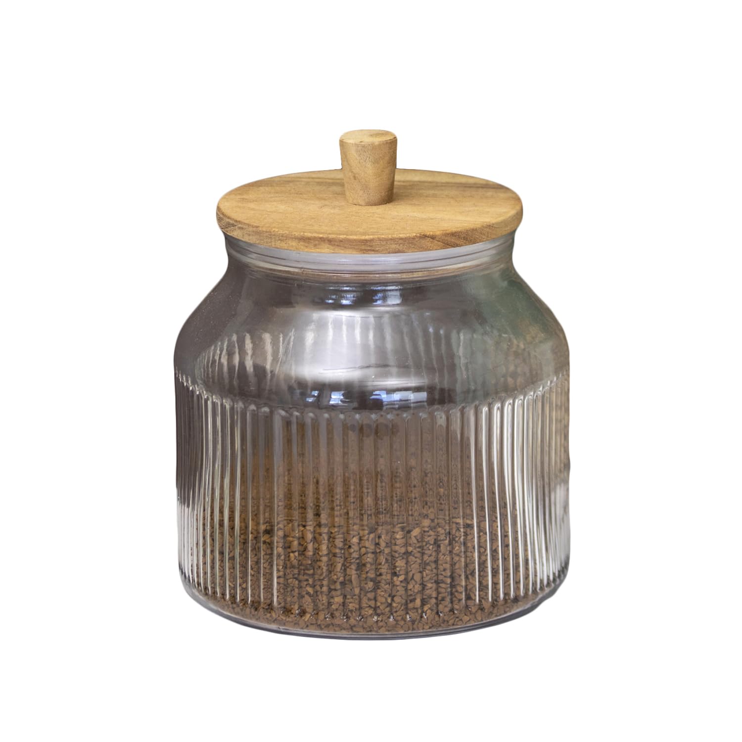 Darthome Clear, Brown Ribbed Glass Storage Jar With Acacia Wood Lid 2.2L Kitchen Food Canisters (1)