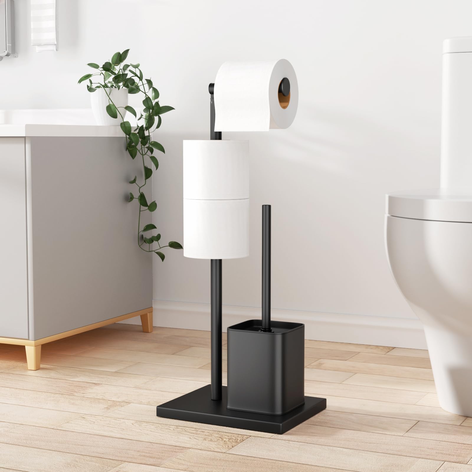 susswiff Portarrollos de Papel Higiénico de Pie con Escobillero, Soporte de Acero Inoxidable, sin Necesidad de Taladrar (Negro Mate)