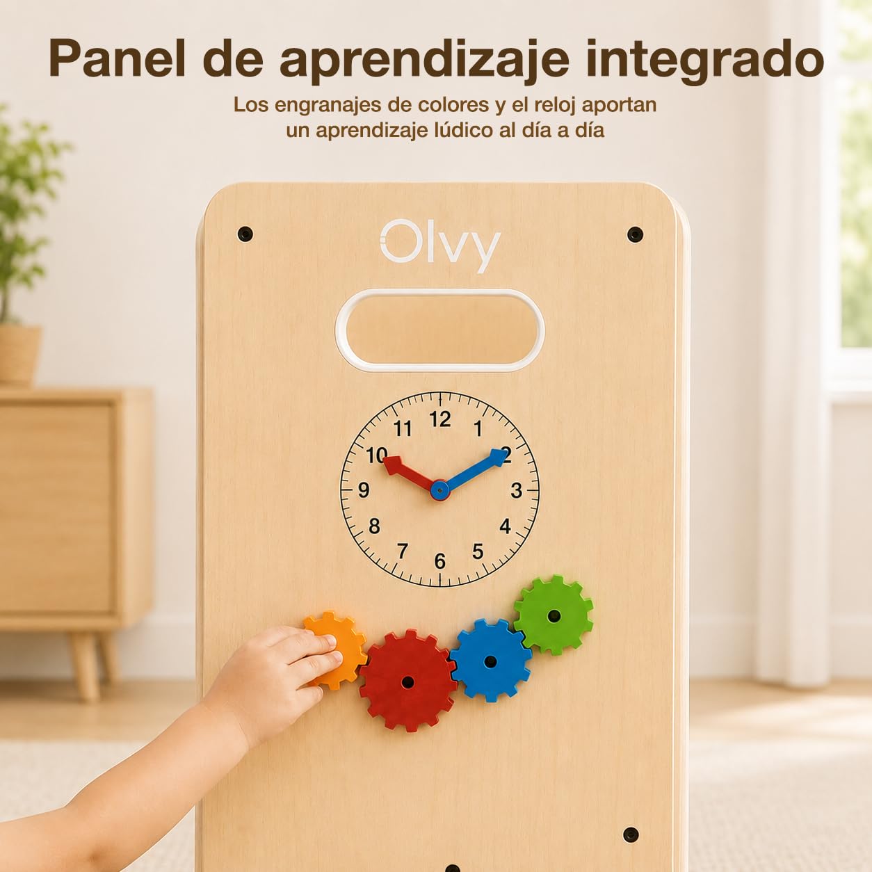 Olvy Torre de Aprendizaje 4 en 1 para Niños con Base Reforzada Cross-Brace, Tobogán con Ranura en Ángulo Recto, Pasamanos sin Clavos Visibles, Pizarra y Panel Montessori de Madera