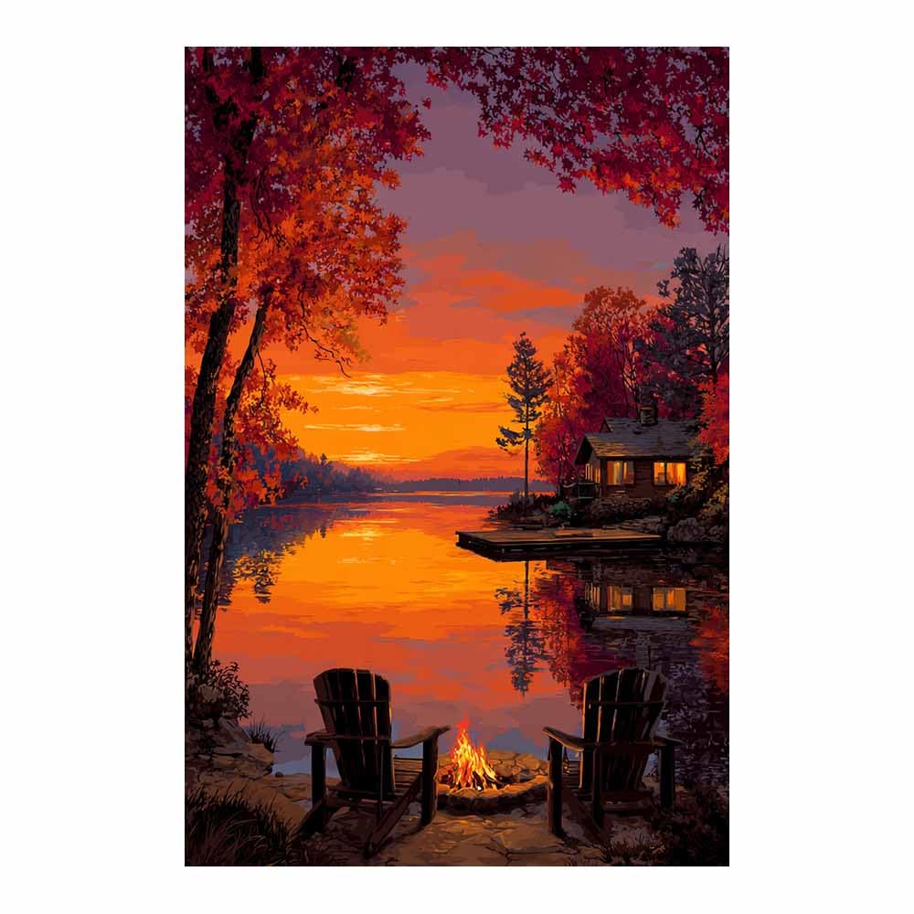HOQIU Natural scenery wall art Autumn Lake Campfire decorative painting, wall art, for Living Room Bathroom Bedroom Kitchen Decoration.(Multicolor)-30x40cm Unframed