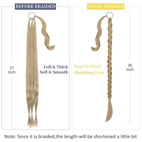 Miniatura 2 de Extensión de cola de caballo trenzada de 26 pulgadas de largo con banda para el cabello, rubio ceniza, lacio, envolvente para mujeres, sintético, de